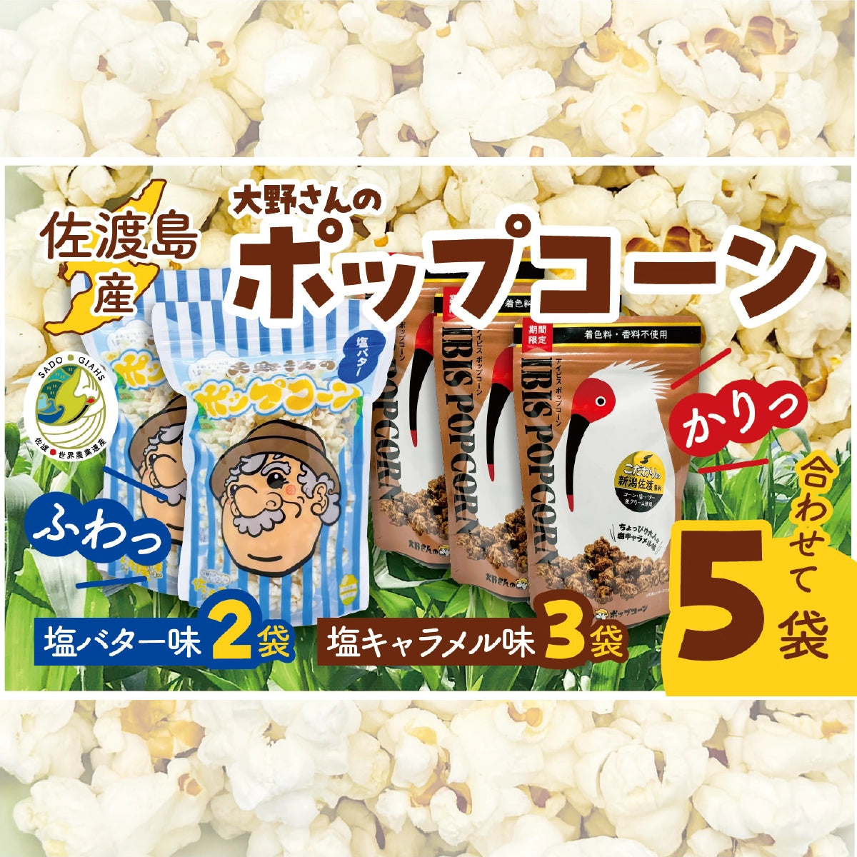 佐渡島産大野さんのポップコーン2種(塩バター・キャラメル)5袋セット